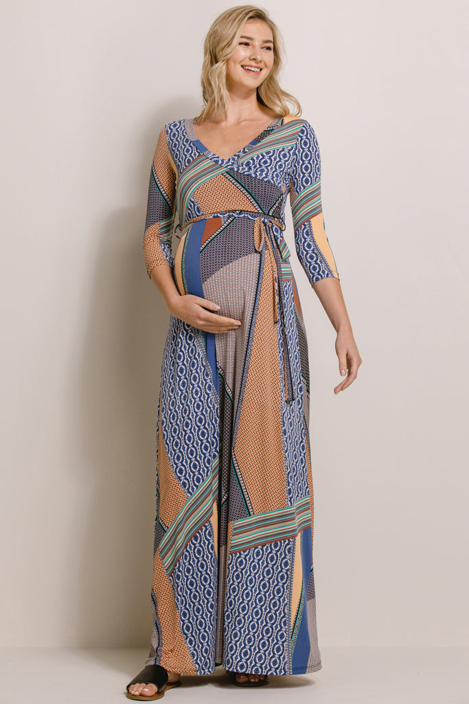 Multi Geo Print Maternity/Nurisng Wrap Maxi Dress