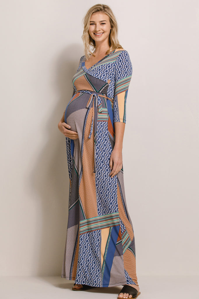 Multi Geo Print Maternity/Nurisng Wrap Maxi Dress