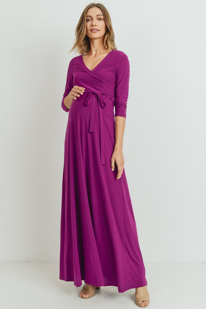 Purple Tie Front Maternity/Nursing Wrap Maxi Dress