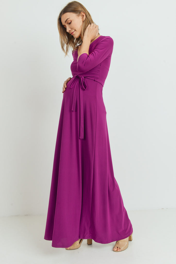 Purple Tie Front Maternity/Nursing Wrap Maxi Dress