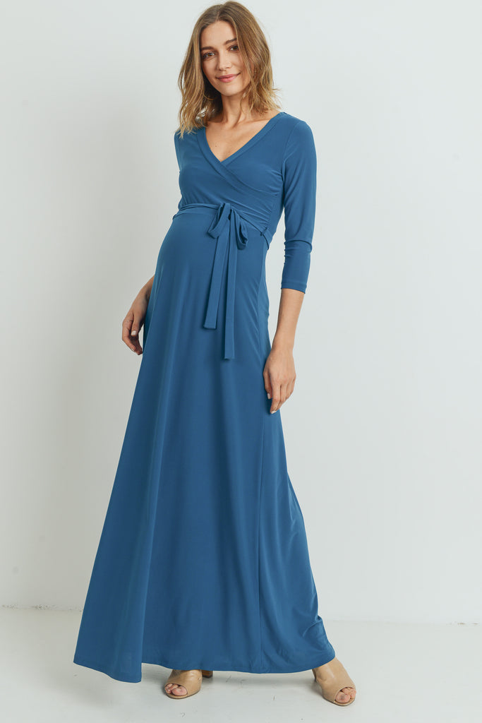 Teal Tie Front Maternity/Nursing Wrap Maxi Dress