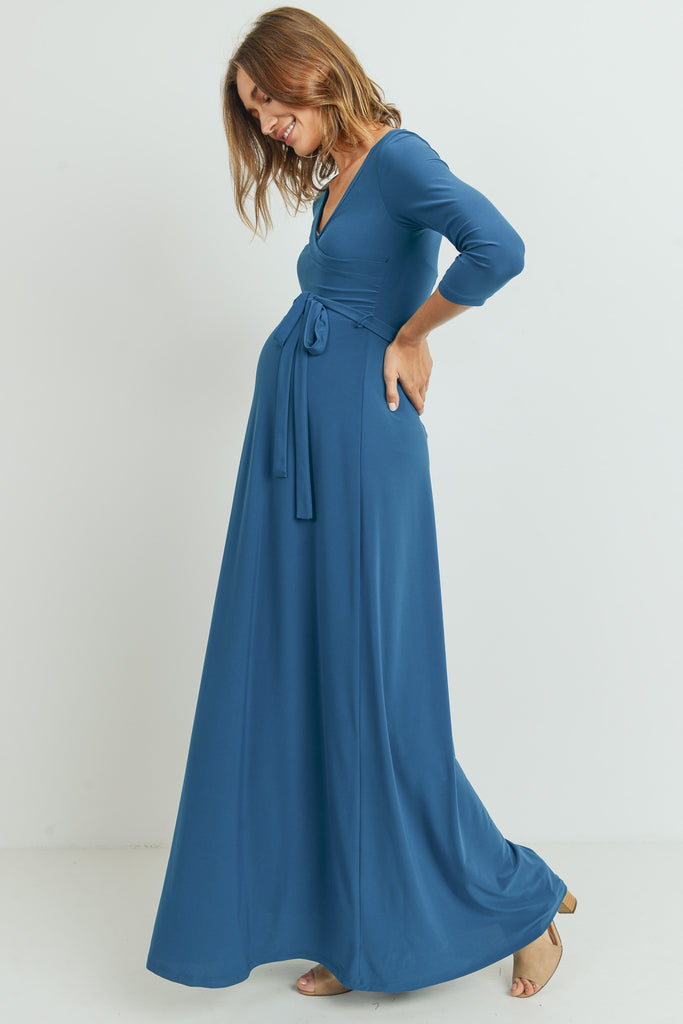 Teal Tie Front Maternity/Nursing Wrap Maxi Dress