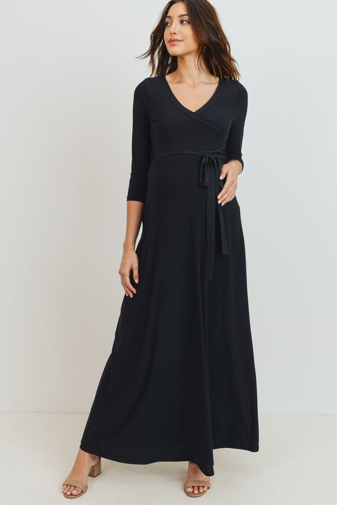 Black Tie Front Maternity/Nursing Wrap Maxi Dress