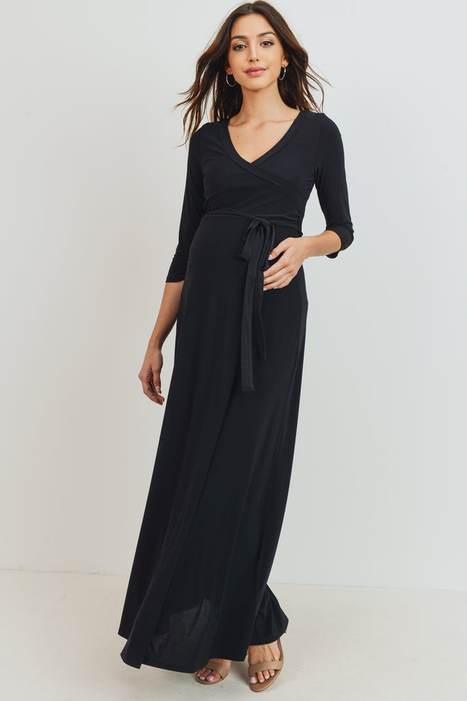 Black Tie Front Maternity/Nursing Wrap Maxi Dress