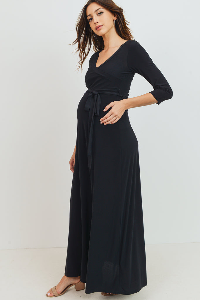 Black Tie Front Maternity/Nursing Wrap Maxi Dress