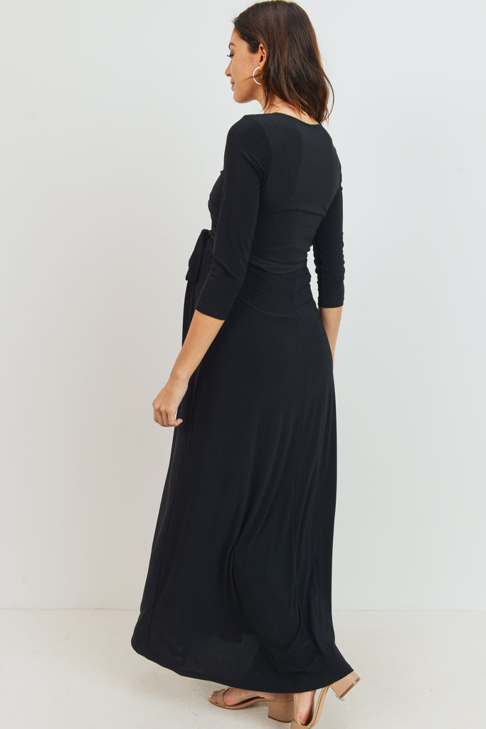 Black Tie Front Maternity/Nursing Wrap Maxi Dress