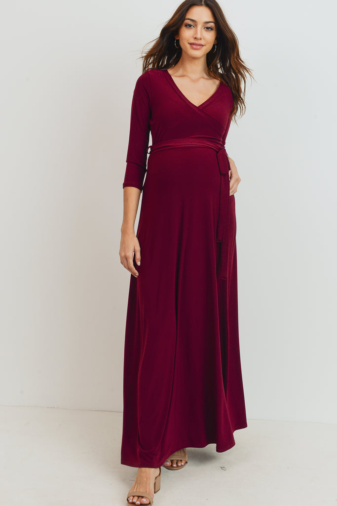 Burgundy Tie Front Maternity/Nursing Wrap Maxi Dress