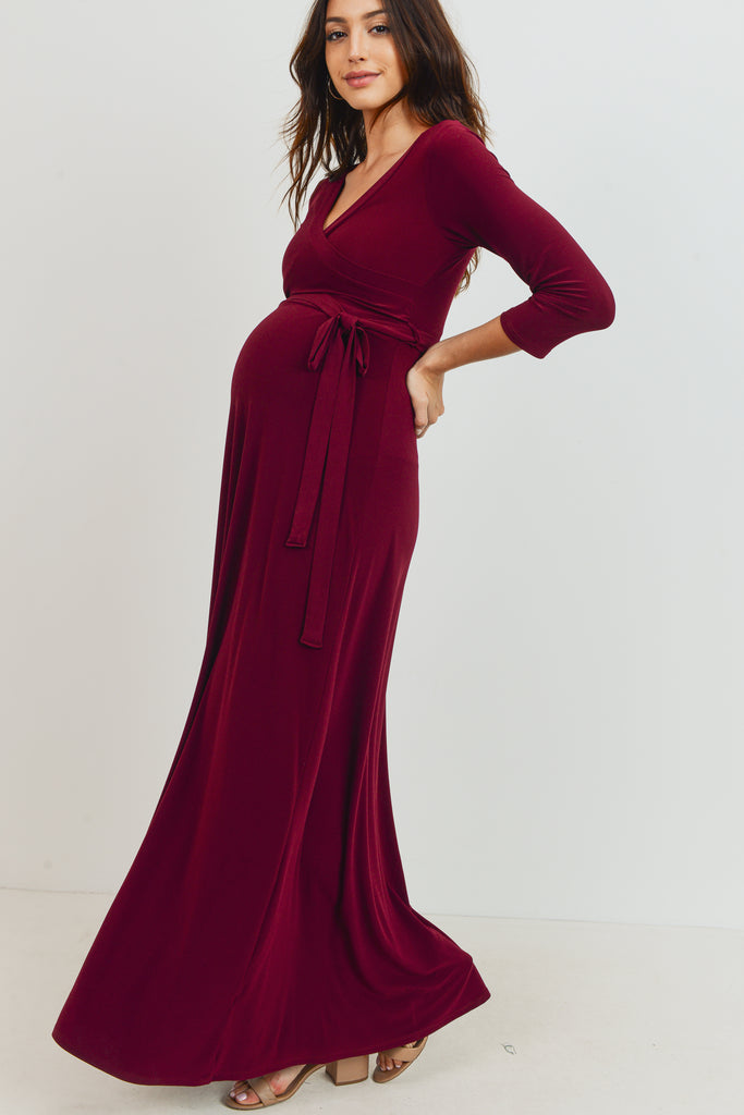 Burgundy Tie Front Maternity/Nursing Wrap Maxi Dress