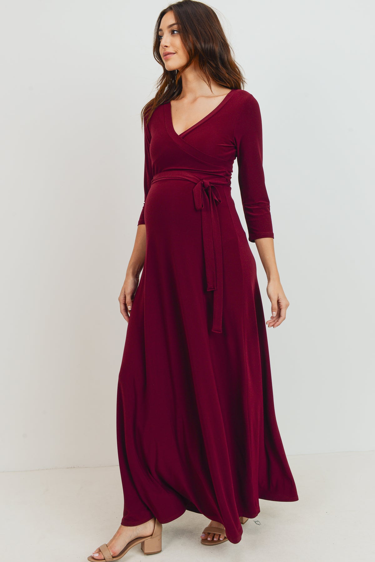 Burgundy Tie Front Maternity/Nursing Wrap Maxi Dress