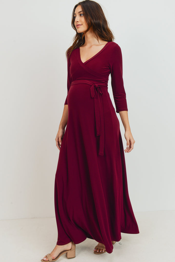 Burgundy Tie Front Maternity/Nursing Wrap Maxi Dress