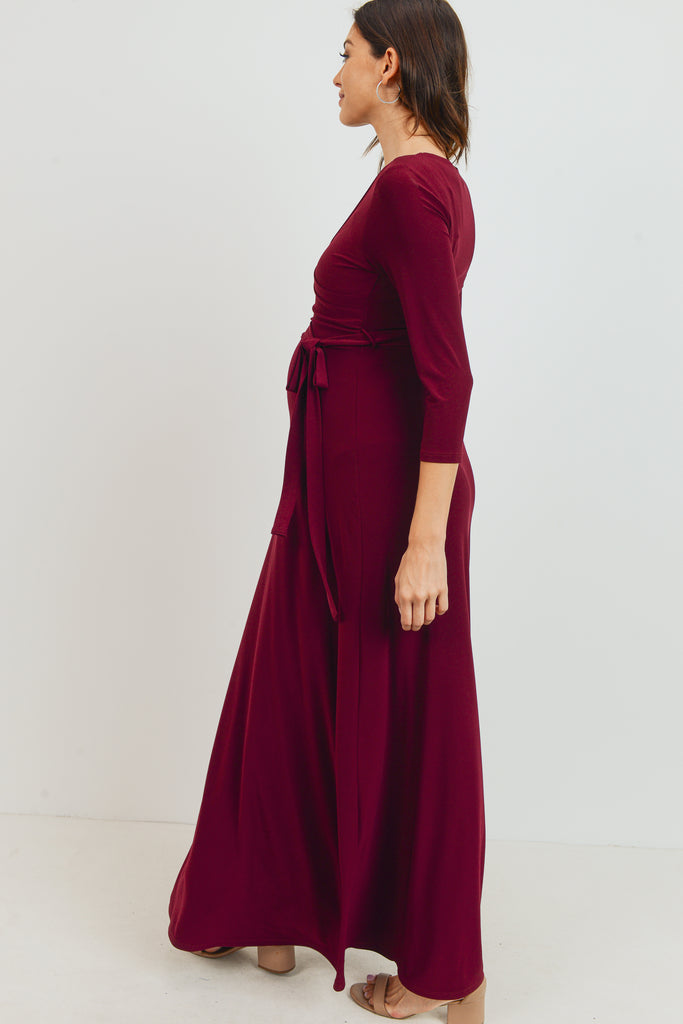 Burgundy Tie Front Maternity/Nursing Wrap Maxi Dress