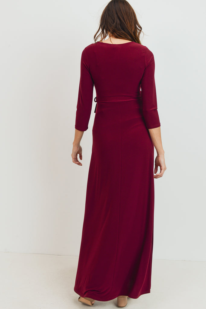 Burgundy Tie Front Maternity/Nursing Wrap Maxi Dress