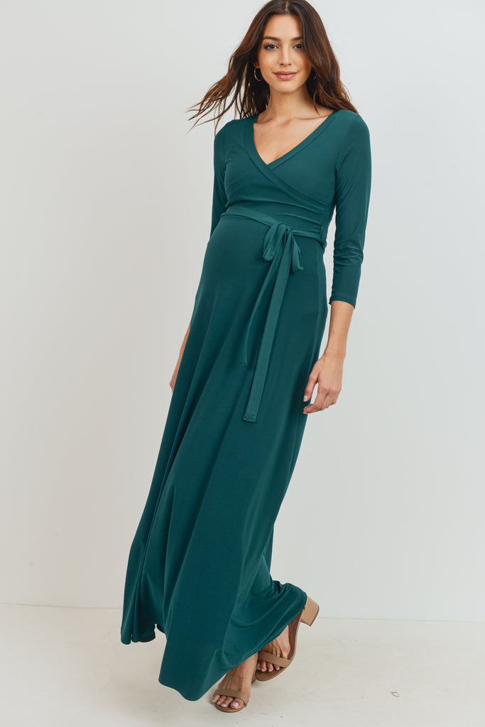 Green Tie Front Maternity/Nursing Wrap Maxi Dress