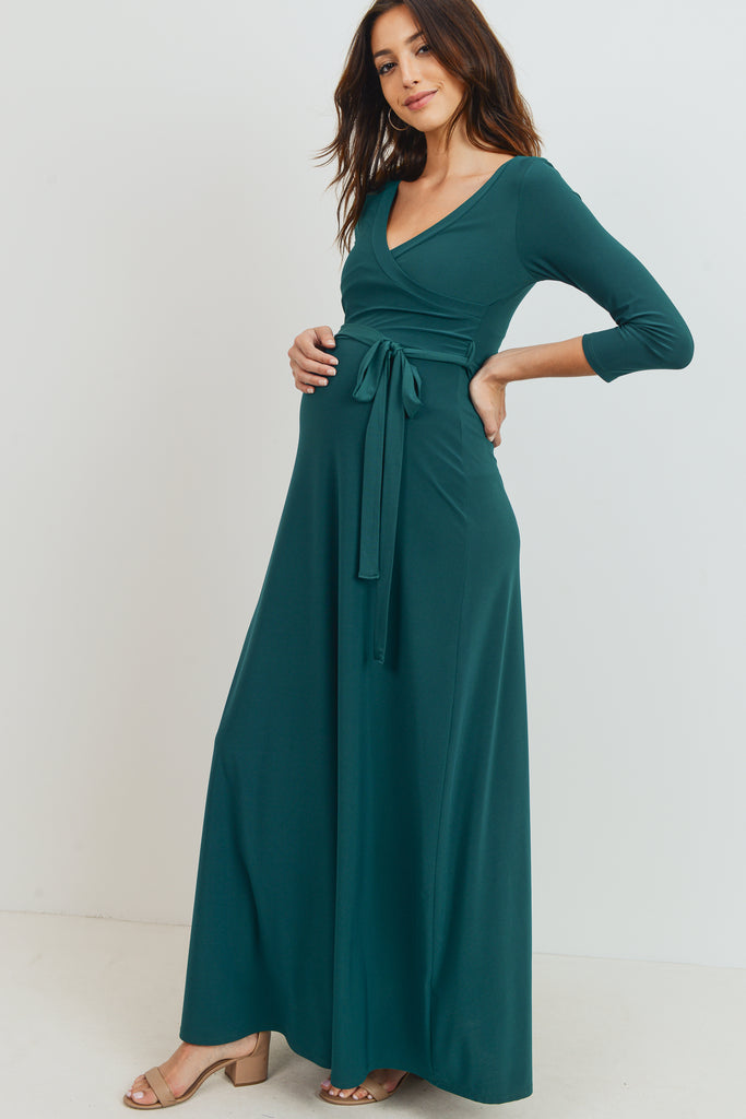 Green Tie Front Maternity/Nursing Wrap Maxi Dress