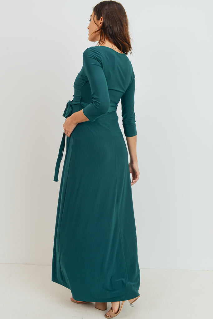 Green Tie Front Maternity/Nursing Wrap Maxi Dress