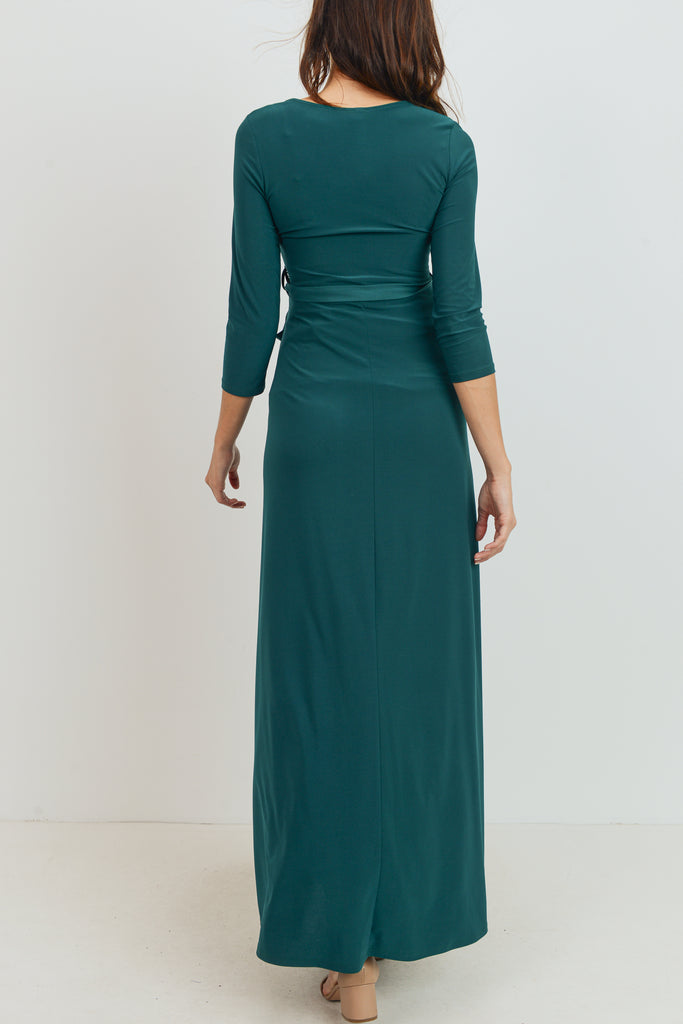 Green Tie Front Maternity/Nursing Wrap Maxi Dress