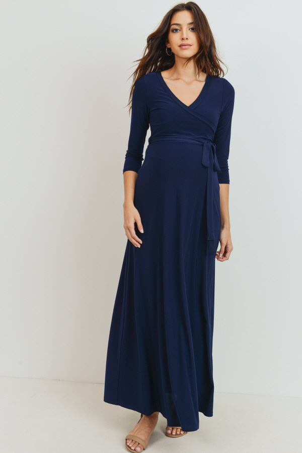 Navy Tie Front Maternity/Nursing Wrap Maxi Dress