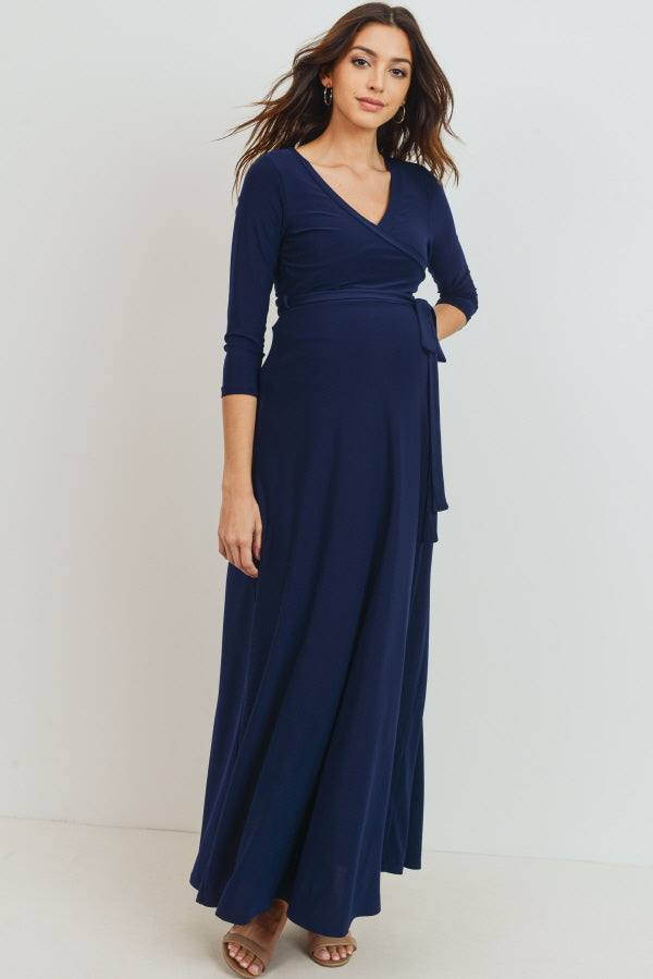 Navy Tie Front Maternity/Nursing Wrap Maxi Dress