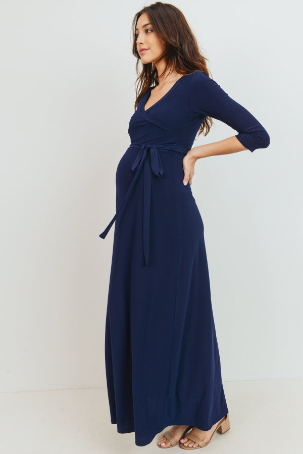 Navy Tie Front Maternity/Nursing Wrap Maxi Dress