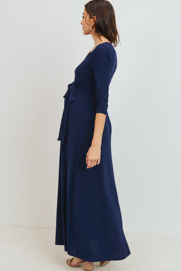 Navy Tie Front Maternity/Nursing Wrap Maxi Dress