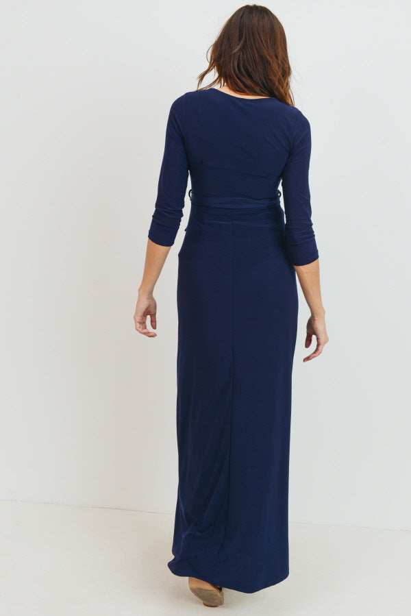 Navy Tie Front Maternity/Nursing Wrap Maxi Dress