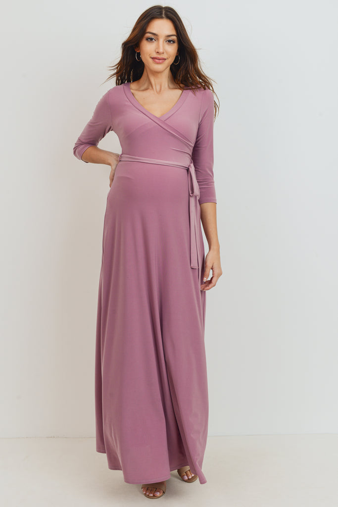 Mauve Tie Front Maternity/Nursing Wrap Maxi Dress