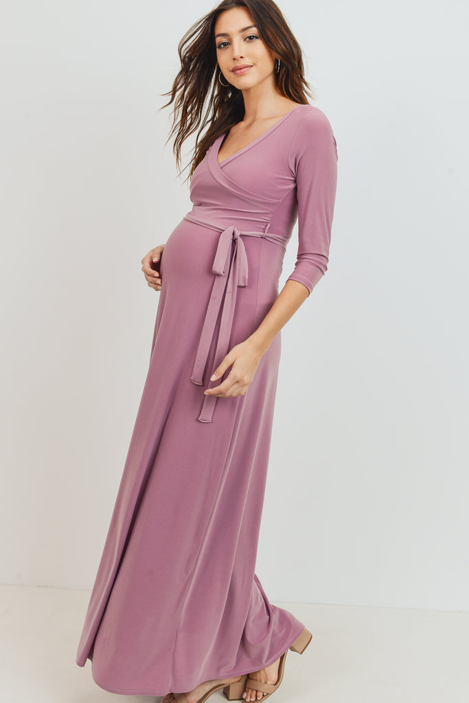 Mauve Tie Front Maternity/Nursing Wrap Maxi Dress