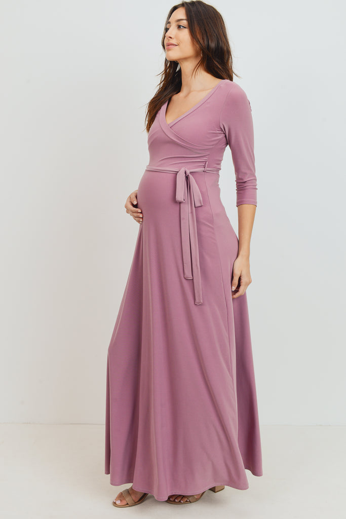 Mauve Tie Front Maternity/Nursing Wrap Maxi Dress