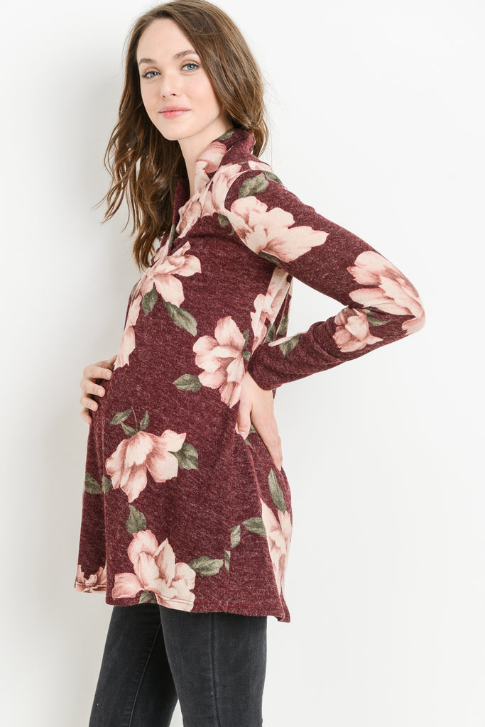 Burgundy Floral Shawl Collar Maternity Sweater
