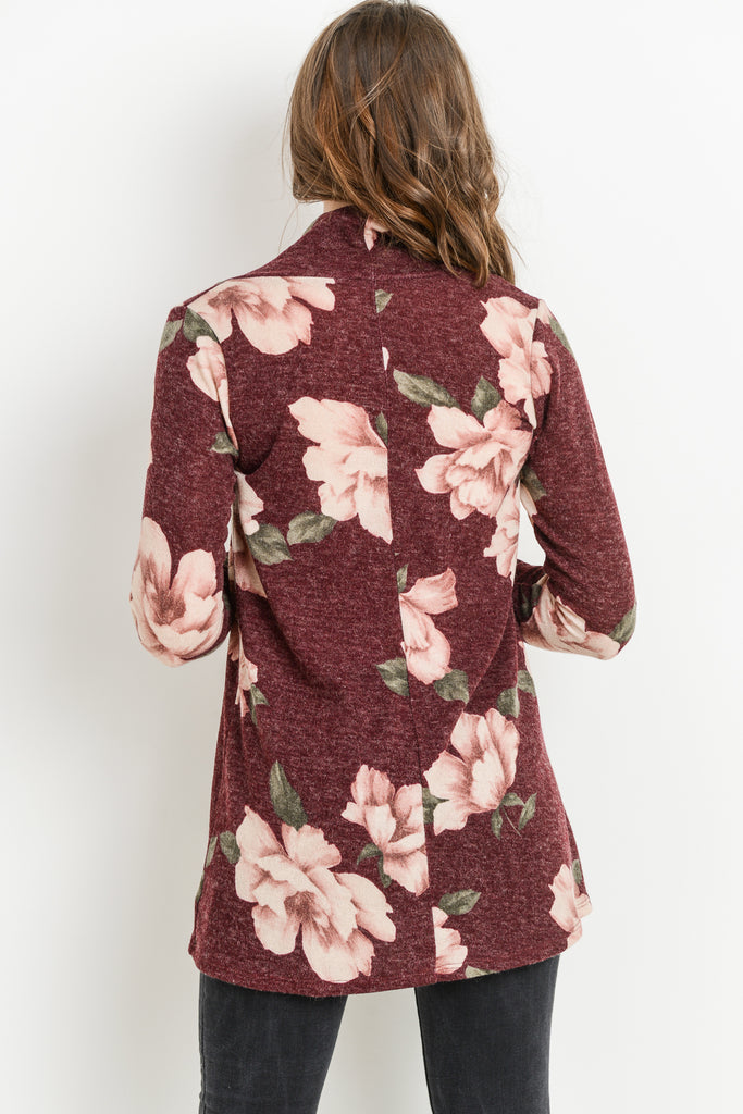 Burgundy Floral Shawl Collar Maternity Sweater