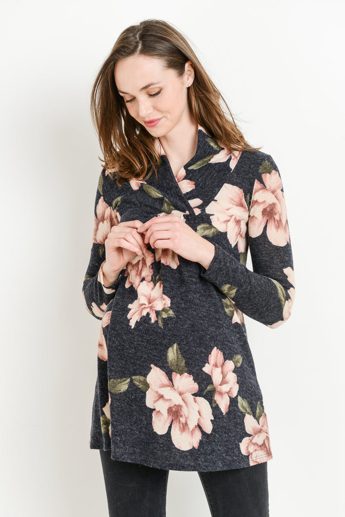 Navy Floral Shawl Collar Maternity Sweater