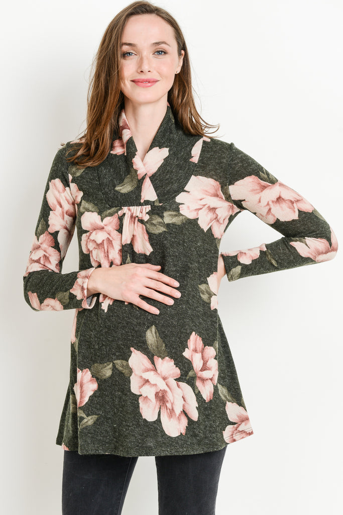 Olive Floral Shawl Collar Maternity Sweater