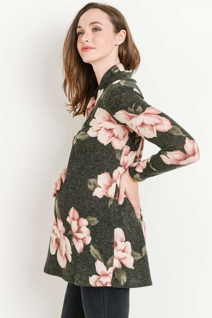 Olive Floral Shawl Collar Maternity Sweater