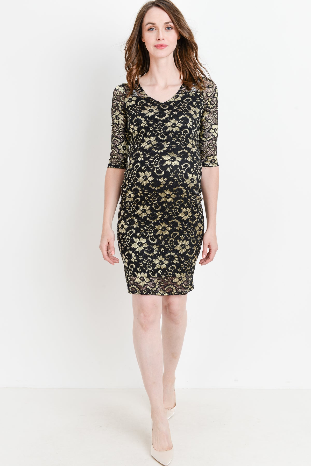 Black/Gold Sakura Lace Bodycon Maternity Dress