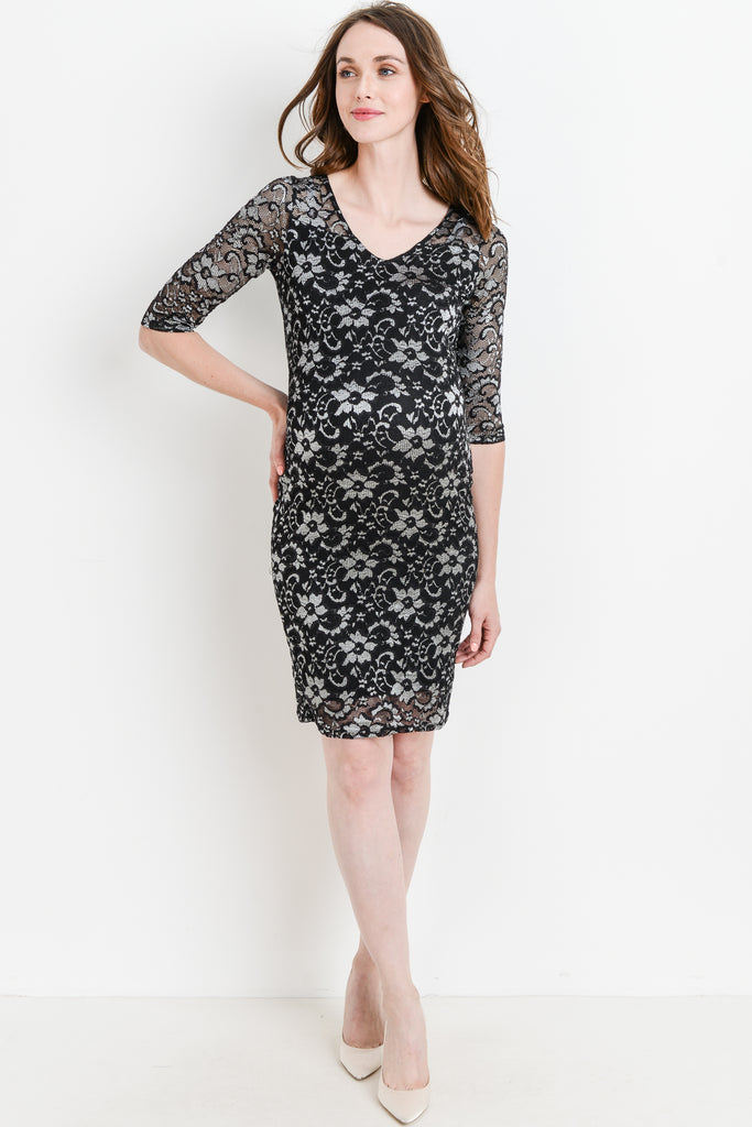 Black/Silver Sakura Lace Bodycon Maternity Dress