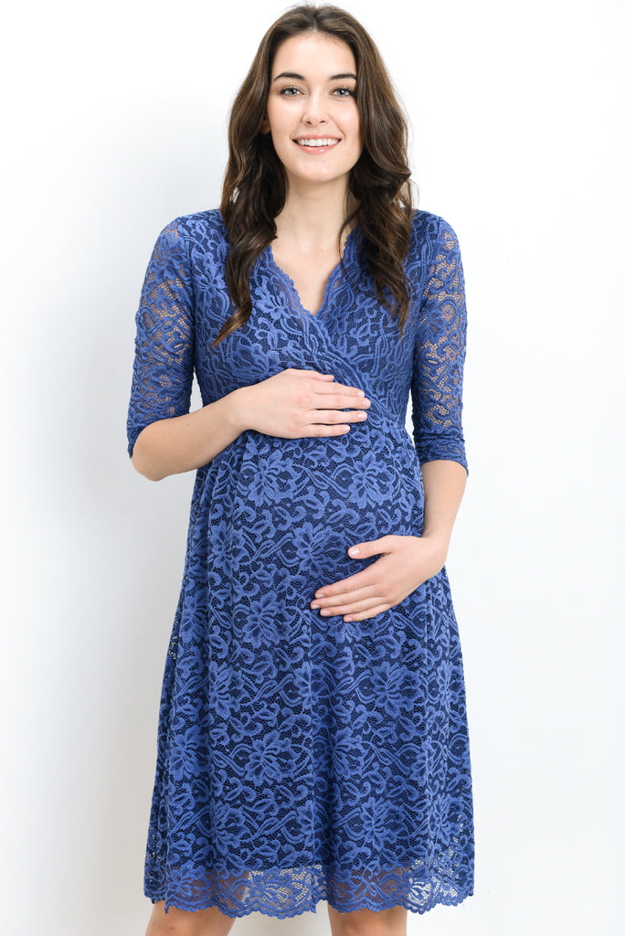 Denim Blue Floral Maternity/Nursing Wrap-Front Dress