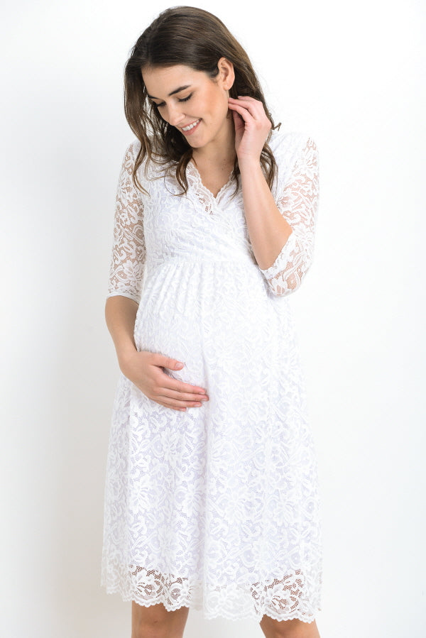 White Floral Maternity/Nursing Wrap-Front Dress