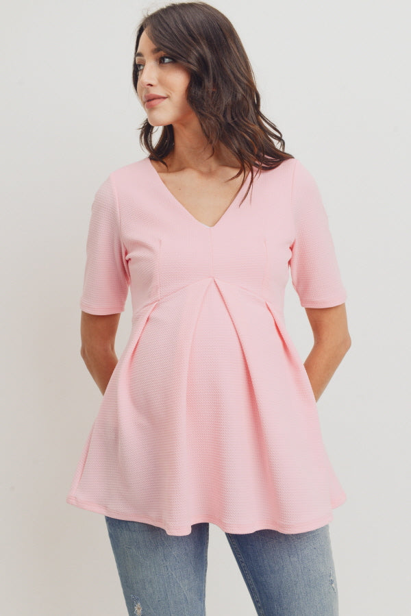 Pink Front Pleated V-Neck Maternity Top