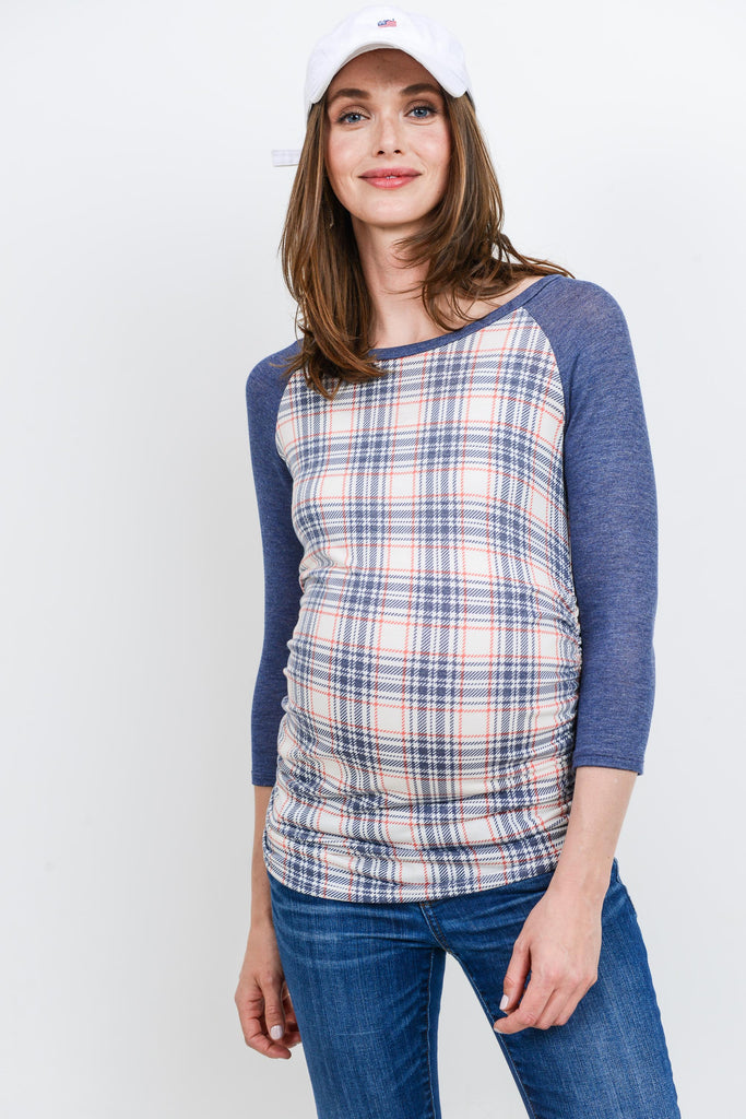 Ivory/Navy Plaid Raglan Maternity Top