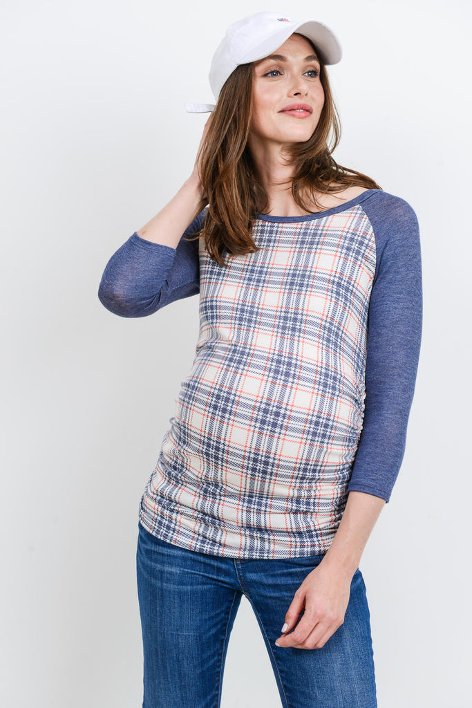 Ivory/Navy Plaid Raglan Maternity Top