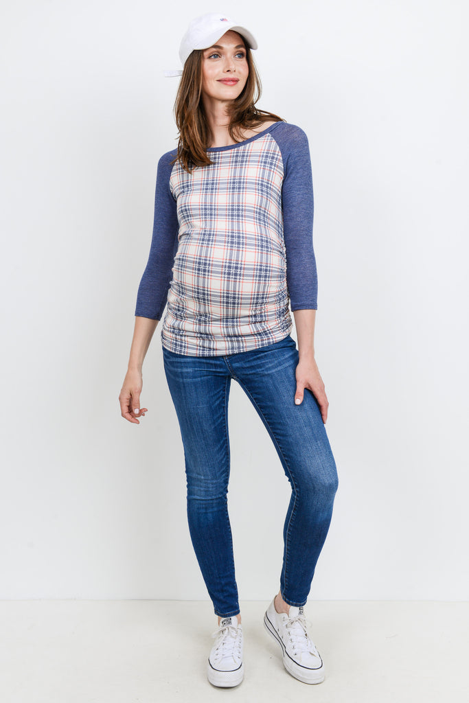 Ivory/Navy Plaid Raglan Maternity Top