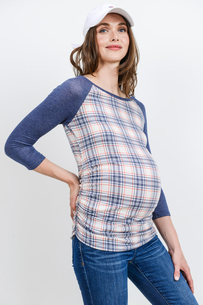 Ivory/Navy Plaid Raglan Maternity Top