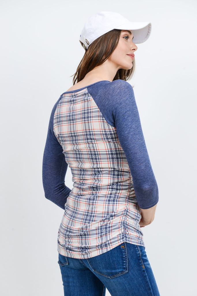 Ivory/Navy Plaid Raglan Maternity Top