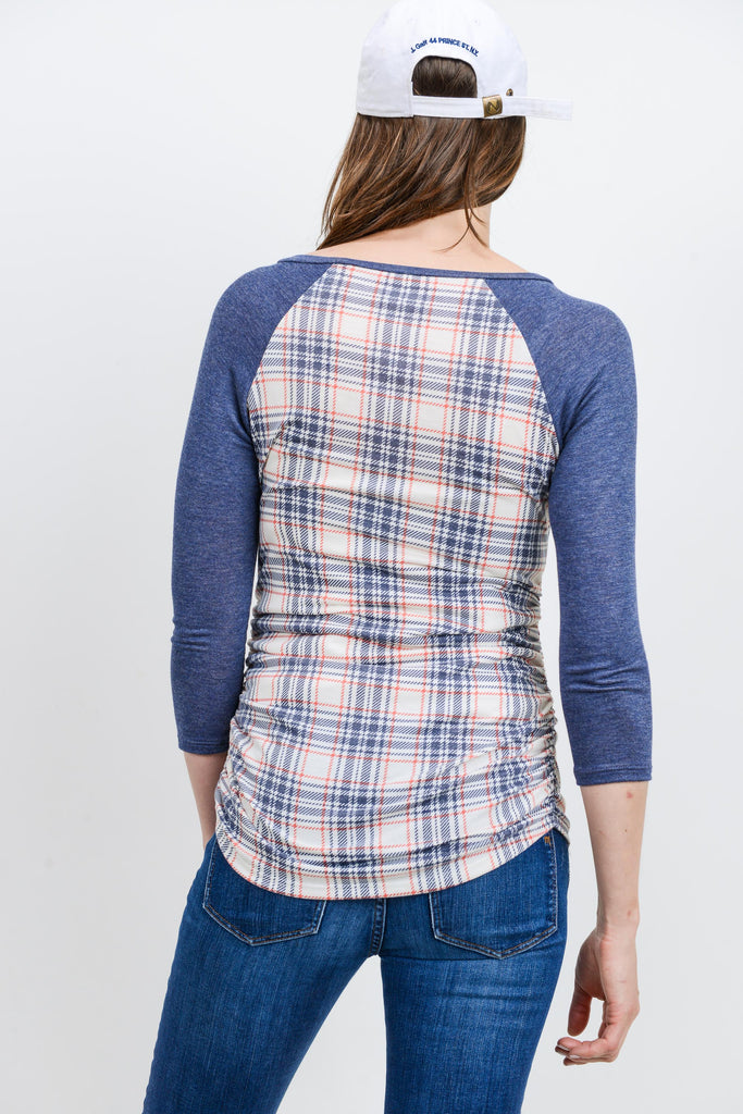 Ivory/Navy Plaid Raglan Maternity Top