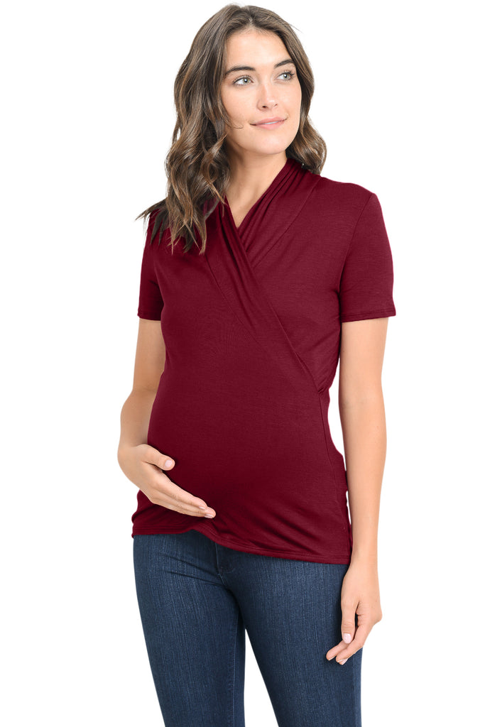 Burgundy Solid Short Sleeve Maternity & Nursing Surplice Top