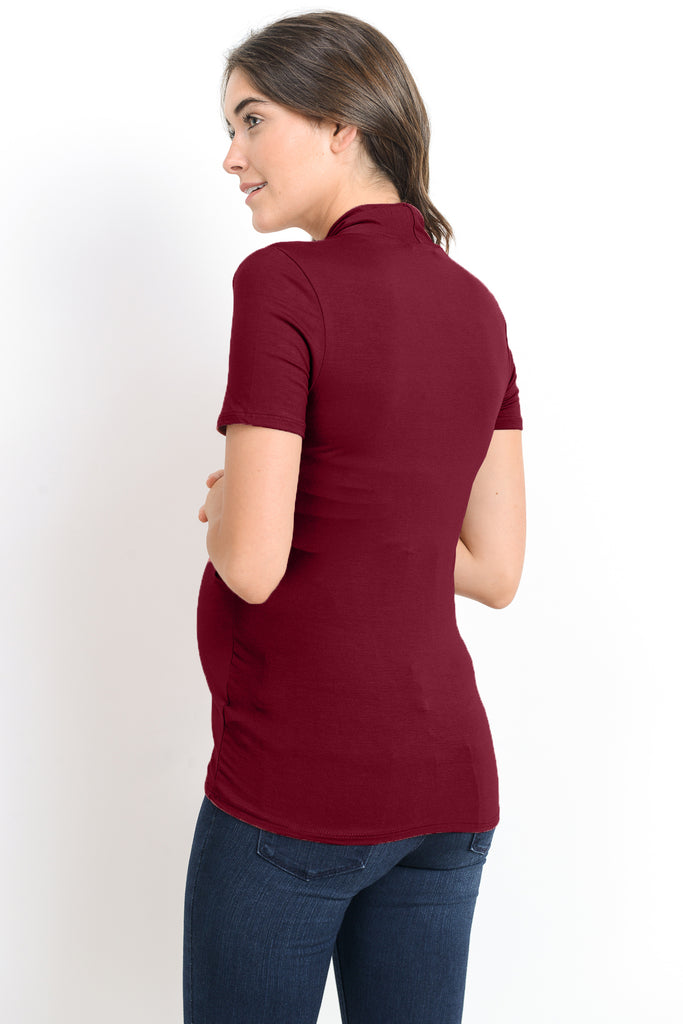 Burgundy Solid Short Sleeve Maternity & Nursing Surplice Top