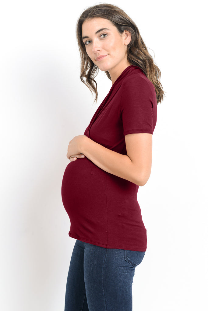 Burgundy Solid Short Sleeve Maternity & Nursing Surplice Top