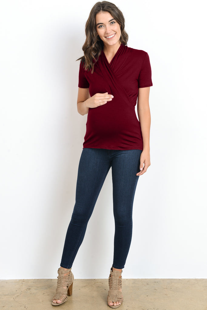 Burgundy Solid Short Sleeve Maternity & Nursing Surplice Top