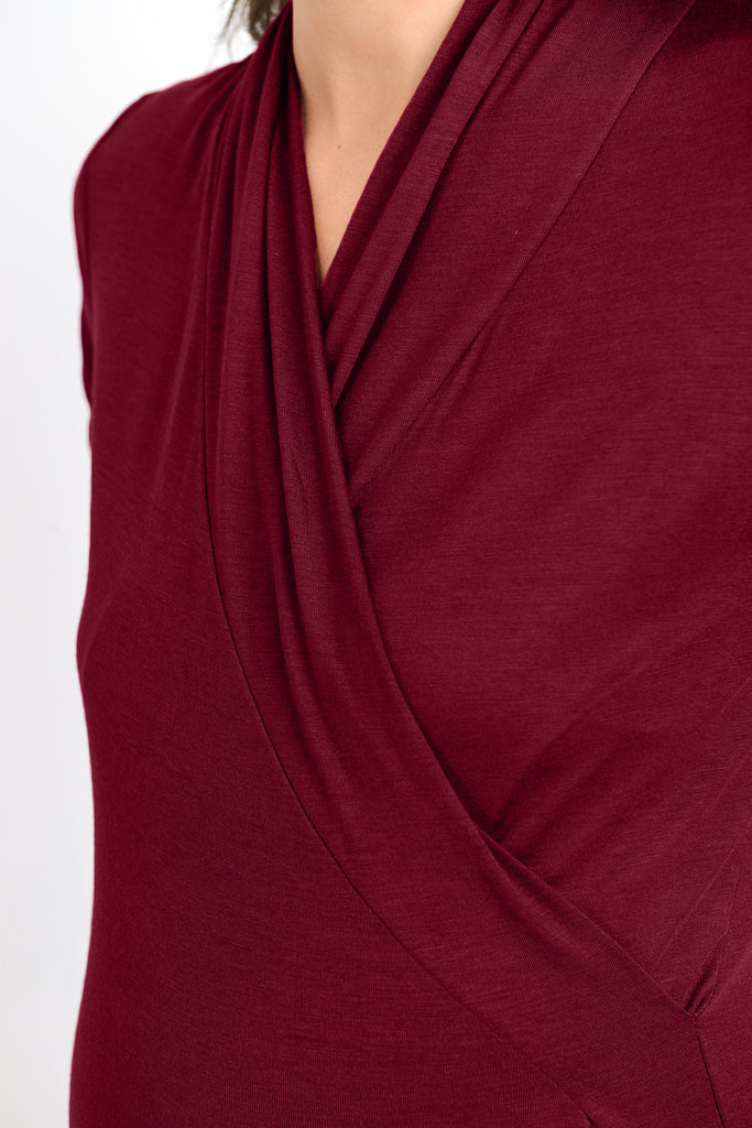 Burgundy Solid Short Sleeve Maternity & Nursing Surplice Top