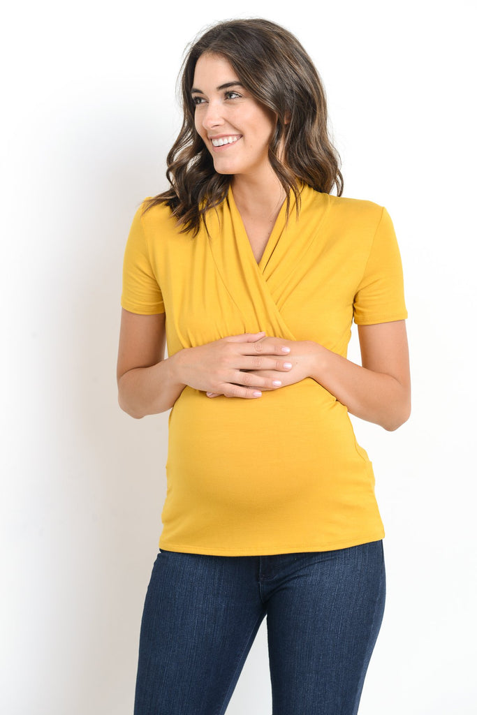 Mustard Solid Short Sleeve Maternity & Nursing Surplice Top